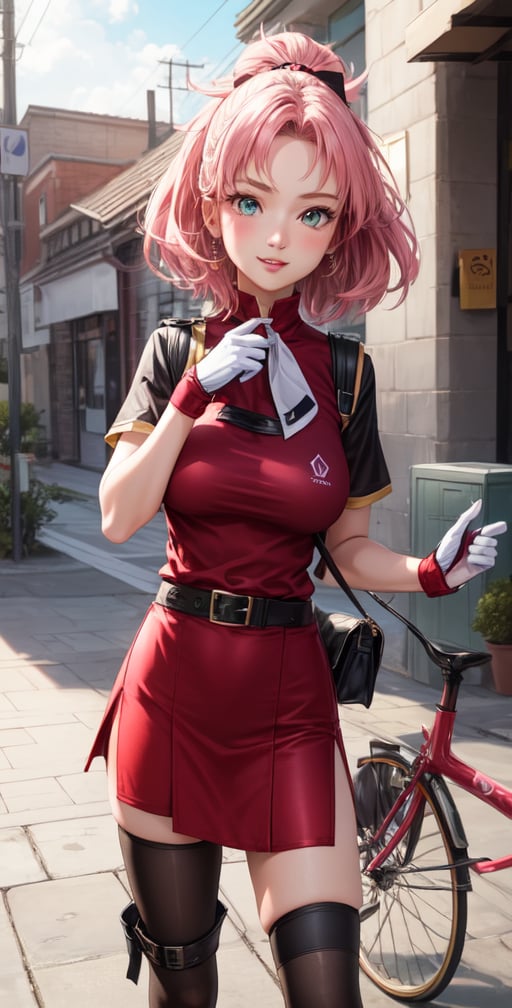 Female Character Sakura Hanuro from Realistic Naruto, Semi-Short Pink Hair, Stylized Uniform, (Masterpiece - 1.2), 1 Girl, (Highly Detailed Face), Smile, Long Brown Hair, (Highly Detailed Eyes), Bright Eyes, Green Eyes, dark skin, huge breasts, large thighs, perfect proportions, crimson red sleeveless blouse or shirt with the logo of the leaf village from the animated series Naruto, black gloves, short pink skirt half open at the sides, black stockings tight knee high, black open toe booties, wide hips, fitness woman, slender, legs apart, parted lips, blush, sky blue, footwear, (highest extreme resolution: 4k quality), ((high detailed background )),