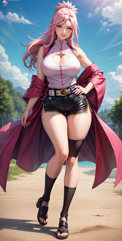 Realistic Naruto Sakura Female Character, Pink Hair, Stylized Uniform, (Masterpiece - 1.2), 1 Girl, (Highly Detailed Face), Smile, Long Brown Hair, (Highly Detailed Eyes), Glowing Eyes, Dark Skin, Huge Breasts, cut neckline, large thighs, perfect proportions, purple sleeveless vest with the logo of the leaf village from the animated series Naruto, pink skirt over shorts between open sides, tight lead shorts under the robe, belt black top dress, tight black knee high stockings, black comfortable shoes, wide hips, legs apart, parted lips, blush, sky blue, shoes, (extreme highest resolution: 4k quality), ((high detailed background) ),