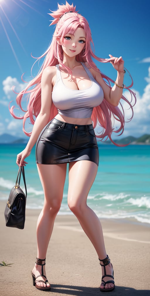 Realistic Naruto Sakura Female Character, Pink Hair, Stylized Uniform, (Masterpiece - 1.2), 1 Girl, (Highly Detailed Face), Smile, Long Brown Hair, (Highly Detailed Eyes), Glowing Eyes, Dark Skin, Huge Breasts, cropped neckline, large thighs, perfect proportions, tank top, tight miniskirt, legs apart, parted lips, blush, sky blue, shoes, (extreme highest resolution - 4k quality), ((high detailed background)),