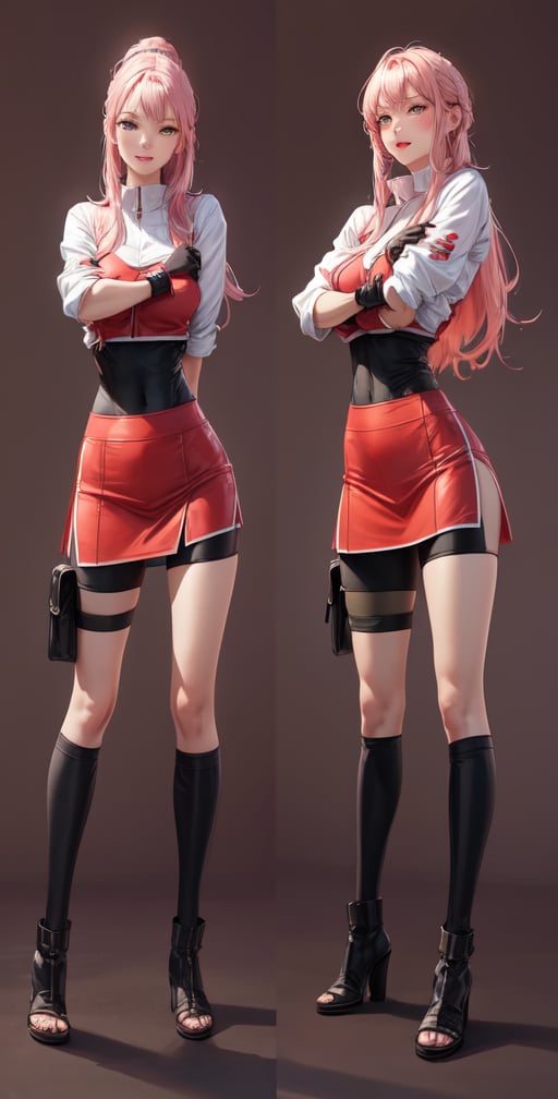 Female Character Sakura Hanuro from Realistic Naruto, Semi-Short Pink Hair, Stylized Uniform, (Masterpiece - 1.2), 1 Girl, (Highly Detailed Face), Smile, Long Brown Hair, (Highly Detailed Eyes), Bright Eyes, Green Eyes, dark skin, huge breasts, large thighs, perfect proportions, crimson red sleeveless blouse or shirt with the logo of the leaf village from the animated series Naruto, black gloves, short pink skirt half open at the sides, black stockings tight knee high, black open toe booties, wide hips, fitness woman, slender, legs apart, parted lips, blush, sky blue, footwear, (highest extreme resolution: 4k quality), ((high detailed background )),