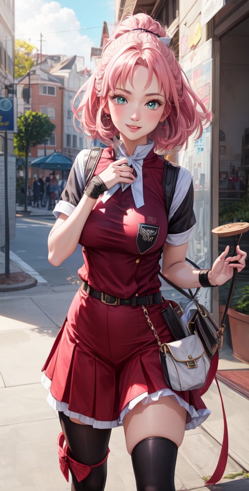 Female Character Sakura Hanuro from Realistic Naruto, Semi-Short Pink Hair, Stylized Uniform, (Masterpiece - 1.2), 1 Girl, (Highly Detailed Face), Smile, Long Brown Hair, (Highly Detailed Eyes), Bright Eyes, Green Eyes, dark skin, huge breasts, large thighs, perfect proportions, crimson red sleeveless blouse or shirt with the logo of the leaf village from the animated series Naruto, black gloves, short pink skirt half open at the sides, black stockings tight knee high, black open toe booties, wide hips, fitness woman, slender, legs apart, parted lips, blush, sky blue, footwear, (highest extreme resolution: 4k quality), ((high detailed background )),