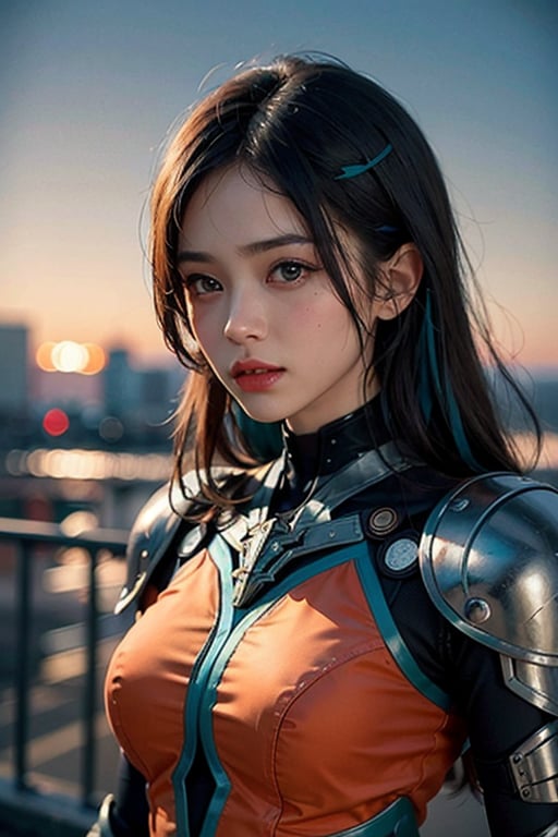 (masterpiece), (extremely intricate:1.3), (realistic), portrait of a girl, the most beautiful in the world, (futuristic armor), (Sneaky, stylish and modern armor), metal reflections, hyper tech armor for women, upper body, outdoors, intense sunlight, city ​​of the future, cyber punk year 2090, professional photograph of a stunning woman detailed, sharp focus, dramatic, award winning, cinematic lighting, , volumetrics dtx, (film grain, blurry background, neon light city, blurry foreground, bokeh, depth of field, sunset, motion blur:1.3), chainmail,exposure blend, medium shot, bokeh, (hdr:1.4), high contrast, (cinematic, teal and orange:1.4), (muted colors, dim colors, soothing tones:1.3), low saturation,JP_MODELS, , 
