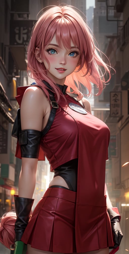 Female Character Sakura Hanuro from Realistic Naruto, Semi-Short Pink Hair, Stylized Uniform, (Masterpiece - 1.2), 1 Girl, (Highly Detailed Face), Smile, Long Brown Hair, (Highly Detailed Eyes), Bright Eyes, Green Eyes, dark skin, huge breasts, large thighs, perfect proportions, crimson red sleeveless blouse or shirt with the logo of the leaf village from the animated series Naruto, black gloves, short pink skirt half open at the sides, black stockings tight knee high, black open toe booties, wide hips, fitness woman, slender, legs apart, parted lips, blush, sky blue, footwear, (highest extreme resolution: 4k quality), ((high detailed background )),