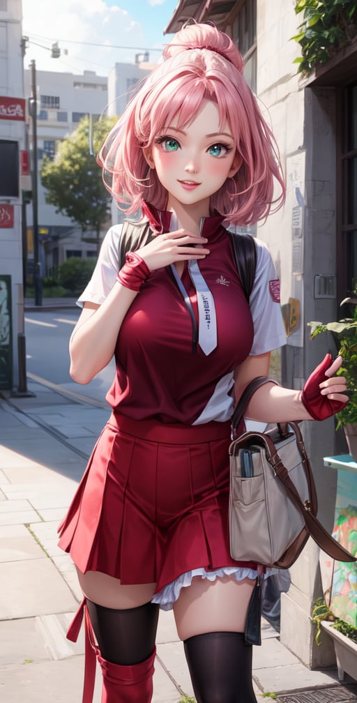 Female Character Sakura Hanuro from Realistic Naruto, Semi-Short Pink Hair, Stylized Uniform, (Masterpiece - 1.2), 1 Girl, (Highly Detailed Face), Smile, Long Brown Hair, (Highly Detailed Eyes), Bright Eyes, Green Eyes, dark skin, huge breasts, large thighs, perfect proportions, crimson red sleeveless blouse or shirt with the logo of the leaf village from the animated series Naruto, black gloves, short pink skirt half open at the sides, black stockings tight knee high, black open toe booties, wide hips, fitness woman, slender, legs apart, parted lips, blush, sky blue, footwear, (highest extreme resolution: 4k quality), ((high detailed background )),