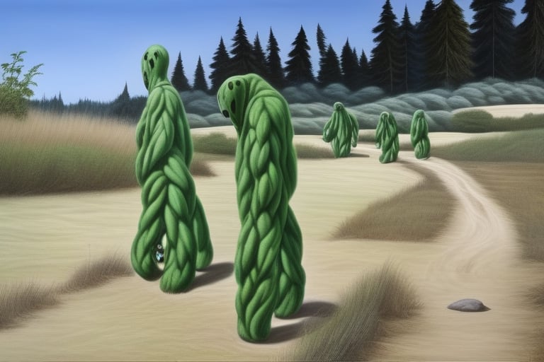 a field with multiple creepers walking, with a forest and a blue sky in the background. high detail. hyper realism.,nodf_lora,LegendDarkFantasy