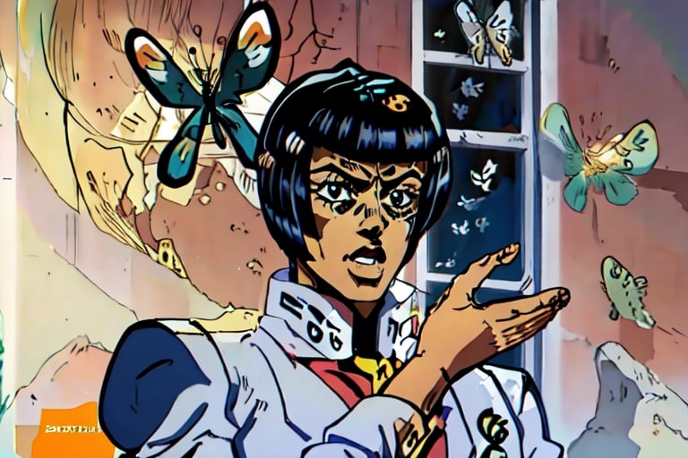 A white man with black hair, bob haircut, wearing a white suit with small black dots, holding a palm up in the air, toward a butterfly flying in front of him. Background of a park. hyper realistic, high detail. Bruno Bucciarati. Jojo's Bizarre Adventure. Golden hour, cinematic light. (is this a pigeon?)
