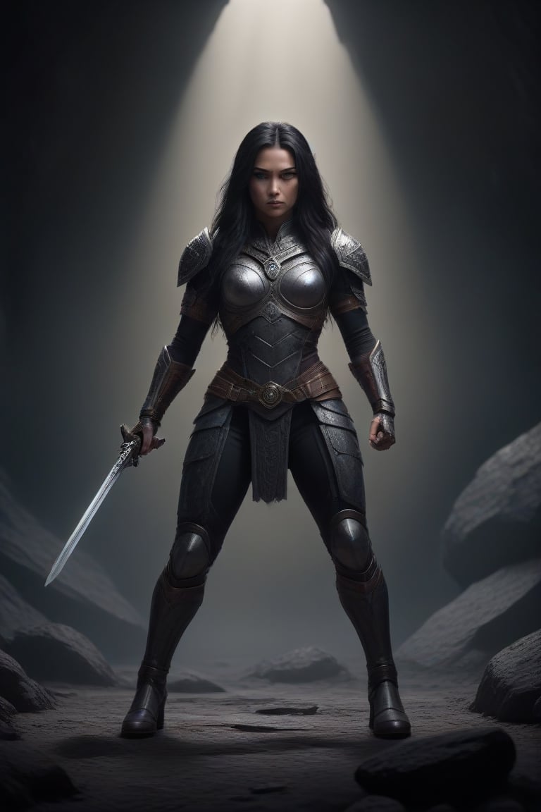A super heroine, long black hair, wearing a viking armor suit and in a fighting pose, standing inside a dark cave.  full body. Medium distance. High detail. Hyper realistic.  cinematic lighting. full body, medium distance.,Realistic,DonMCyb3rN3cr0XL ,<lora:659095807385103906:1.0>
