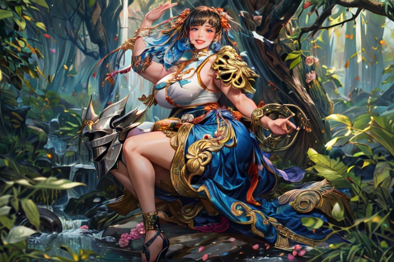 HD, Pretty Woman,Sakura Kasugano , Detailed, Defined Body, Dressed Like Sakura Kasugano, Big Breasts, Smiles, Delicate Facial Features, Perfect Face, Fair Skin, Long Braided Hair, Tan Hair, n kung fu  pose By A Stream, In The Forest, Like Sakura Kasugano , Relics of Japanese art, i,,kung fu , Fitness body, Detailed face, Orange and blue ornate long skirt armor, Perfect proportion, full body,DonMASKTex 