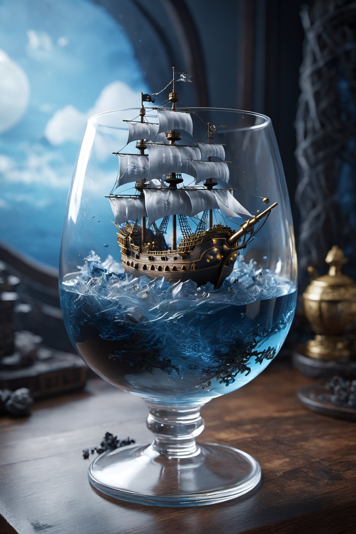 universal consciousness expanding, cosmic chaos energy a pirate ship inside a glass full of blue tea, high quality render, artstation, Unreal engine 5, octane render, 4k, dark gray background