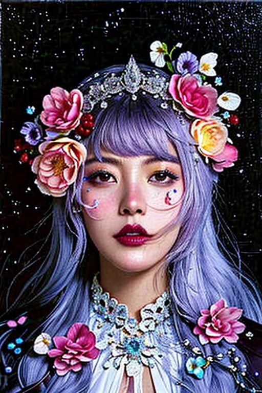 a beautiful portrait of fantasy woman with long flowing hair by Yoshitaka Amano colorful flowers on table,
knickerbocker glory, tall thin glass, colorful ice cream, purple ice cream, raspberries, couli, blueberries, chopped chocolate, icing sugar,  intricate, oil on canvas, masterpiece, expert, insanely detailed, 4k resolution, splash art, concept art, composition, framing, delicate features,