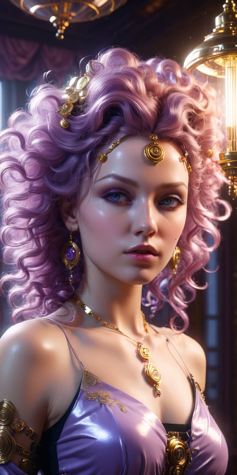 a house. daylight. light fixtures. art in atompunk style. 8K. detailed. photorealism. artstation. ultra realistic beautiful priestess with curly mauve gilded hair, watery smoke swirling, vibrant, artgerm, photorealism, portrait