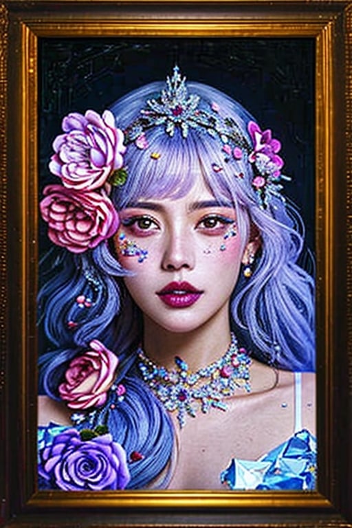 a beautiful portrait of fantasy woman with long flowing hair by Yoshitaka Amano colorful flowers on table,
knickerbocker glory, tall thin glass, colorful ice cream, purple ice cream, raspberries, couli, blueberries, chopped chocolate, icing sugar,  intricate, oil on canvas, masterpiece, expert, insanely detailed, 4k resolution, splash art, concept art, composition, framing, delicate features,