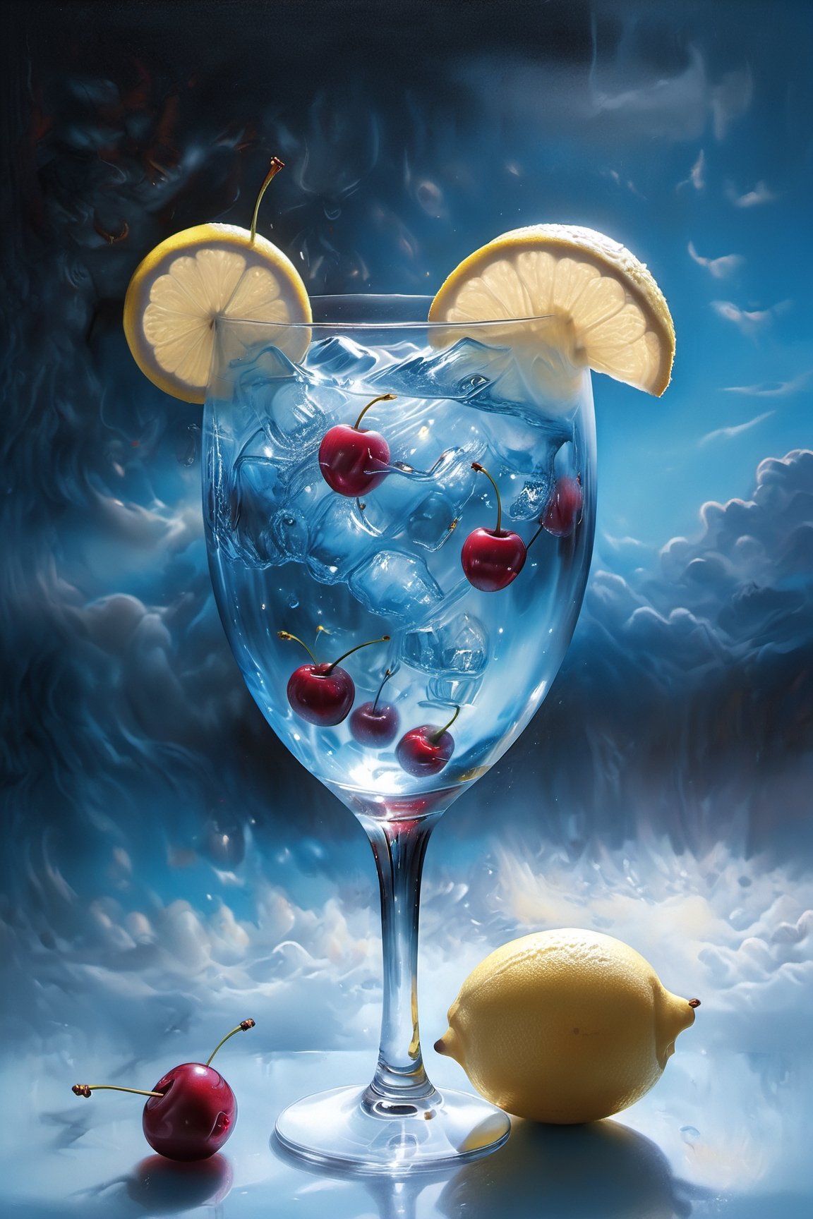 photorealistic image of a glass of cherry soda, very dim red lights, very dim blue lights, very dark room, dark background, very photorealistic, resembles lemon demon - view - Floating islands, surreal dreamscape, vibrant colors, ethereal atmosphere, fantasy landscape, as painted by Salvador Dali and Rene Magritte, highly detailed, acrylic painting, whimsical, magical, 4k:: Talking animals, anthropomorphic creatures, expressive faces, animated lines, Disney style, cartoonish, cute characters, vibrant colors, joyful atmosphere:: Clouds, wispy and fluffy, pastel tones, dreamy lighting, golden hour, hazy atmosphere, painterly style, soft brushstrokes, magical realism:: --ar 16:9