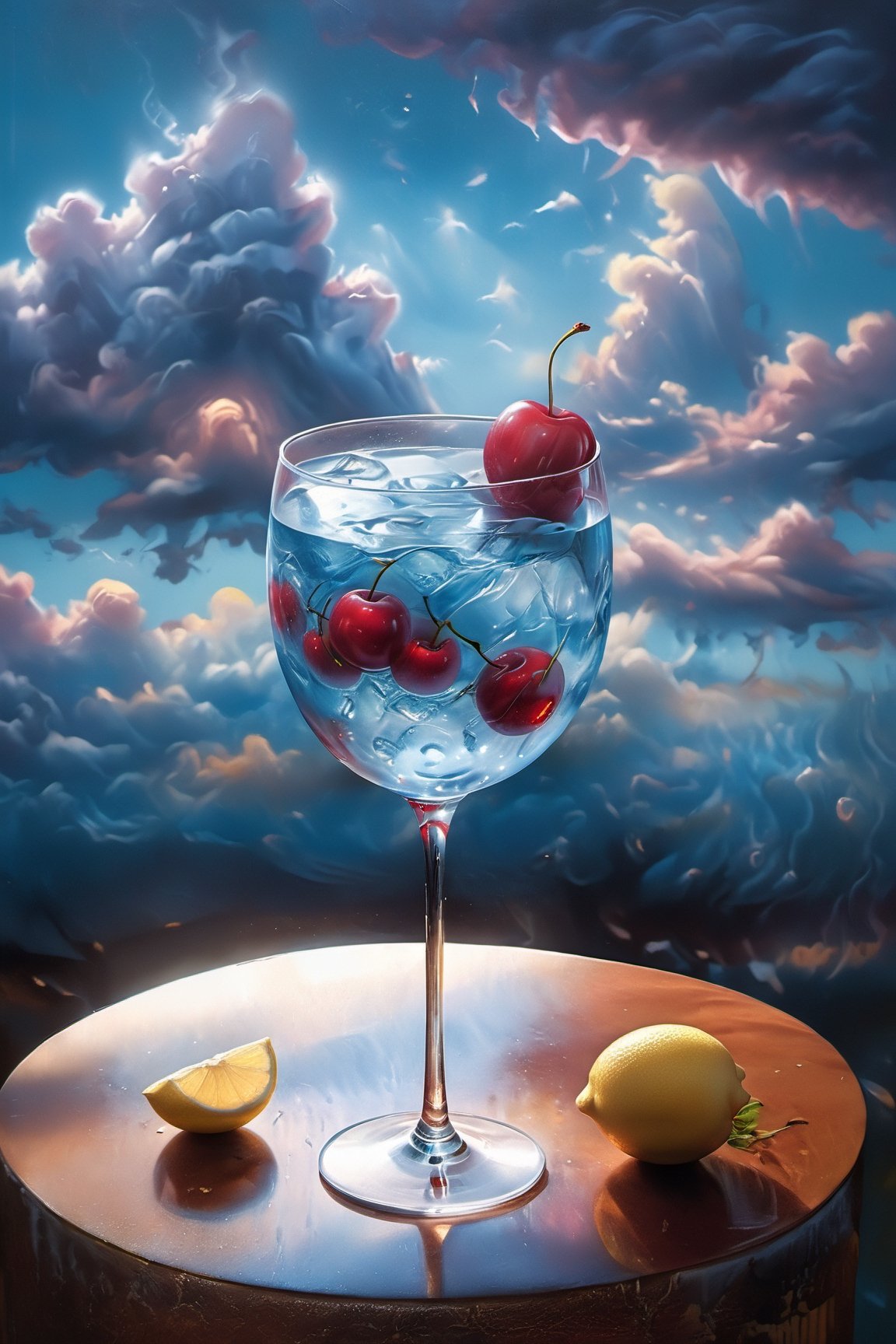 photorealistic image of a glass of cherry soda, very dim red lights, very dim blue lights, very dark room, dark background, very photorealistic, resembles lemon demon - view - Floating islands, surreal dreamscape, vibrant colors, ethereal atmosphere, fantasy landscape, as painted by Salvador Dali and Rene Magritte, highly detailed, acrylic painting, whimsical, magical, 4k:: Talking animals, anthropomorphic creatures, expressive faces, animated lines, Disney style, cartoonish, cute characters, vibrant colors, joyful atmosphere:: Clouds, wispy and fluffy, pastel tones, dreamy lighting, golden hour, hazy atmosphere, painterly style, soft brushstrokes, magical realism:: --ar 16:9