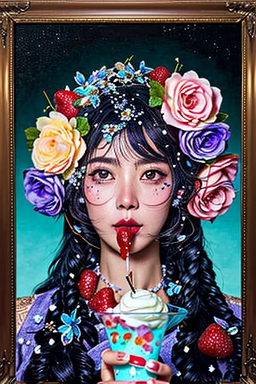 a beautiful portrait of fantasy woman with long flowing hair by Yoshitaka Amano colorful flowers on table,
knickerbocker glory, tall thin glass, colorful ice cream, purple ice cream, raspberries, couli, blueberries, chopped chocolate, icing sugar,  intricate, oil on canvas, masterpiece, expert, insanely detailed, 4k resolution, splash art, concept art, composition, framing, delicate features,