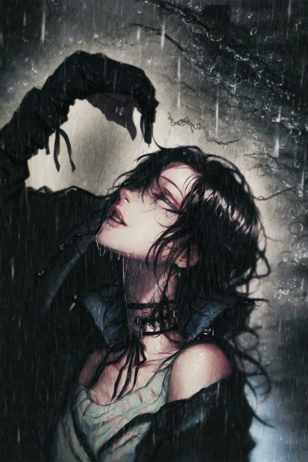 straight neck, black choker, rain