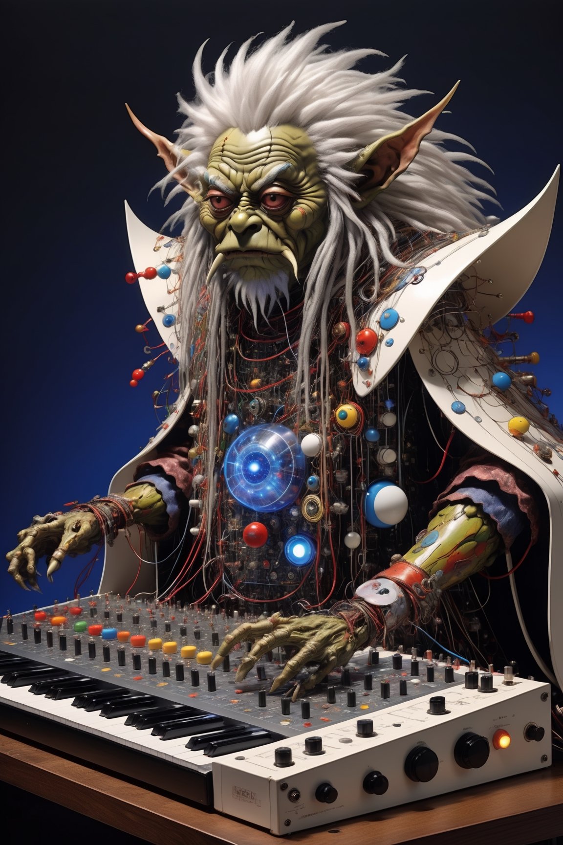 chiaroscuro air brush fantasy hyper realistic photograph of a majestic goblin king patching a Buchla 200e modular synthesizer powered by tesla coils toads, frogs, ryuta ueda artwork, breakcore, style of jet set radio, y 2 k, gloom, space, cel - shaded art style, indigo rainbow, data, minimal, takashi murakami artwork, code, cybernetic, dark, eerie, cyber