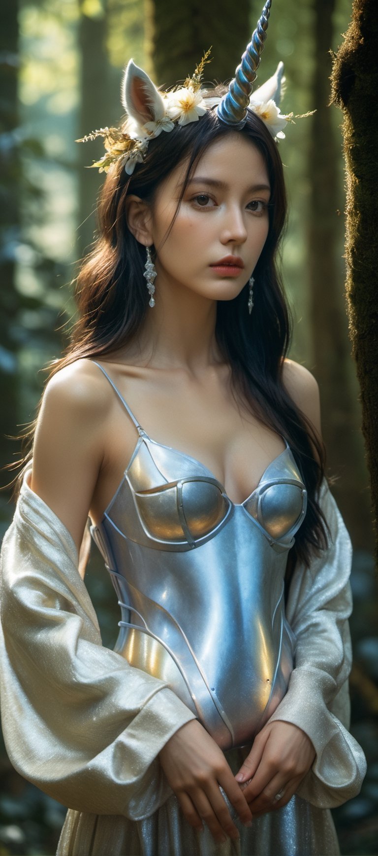 A unicorn in a magical forest, photo a model for balenciaga, by edgar maxence and caravaggio and michael whelan, artistic, intricate drawing, light brazen, realistic fantasy, extremely detailed and beautiful aesthetic face, 8 k resolution, dramatic lighting