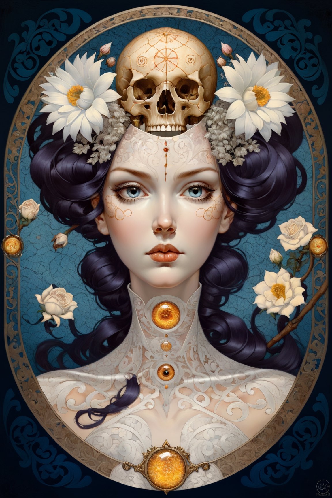 Memento Mori by Karol Bak, Jean Deville, Gustav Klimt, and Vincent Van Gogh, beautiful visionary mystical calavera portrait, otherworldly, botanical organic fractal structures by William Morris, ornate gilded medieval icon, third eye, spirals head and shoulders portrait of battle angel alita, Apex Legends illustration, medium shot, intricate, elegant, highly detailed, digital art, ffffound, art by gil elvgren and greg manchess and sachin teng