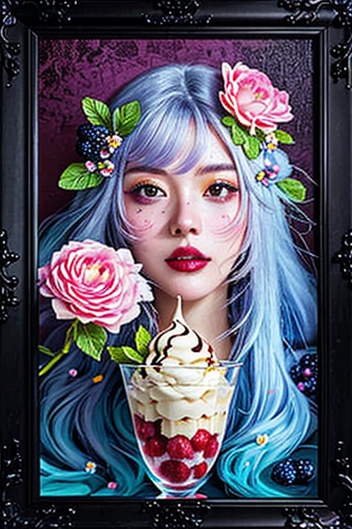 a beautiful portrait of fantasy woman with long flowing hair by Yoshitaka Amano colorful flowers on table,
knickerbocker glory, tall thin glass, colorful ice cream, purple ice cream, raspberries, couli, blueberries, chopped chocolate, icing sugar,  intricate, oil on canvas, masterpiece, expert, insanely detailed, 4k resolution, splash art, concept art, composition, framing, delicate features,