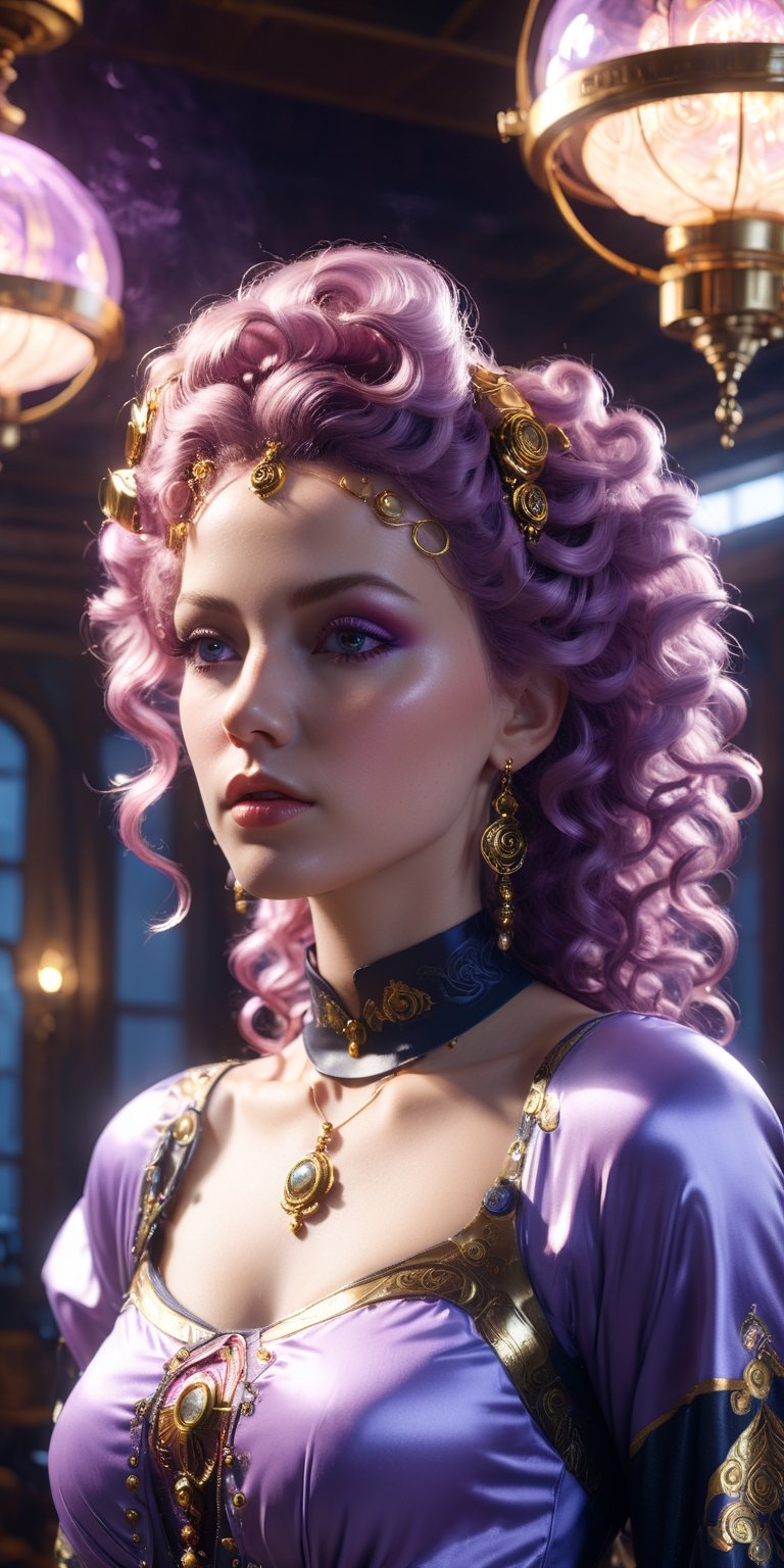 a house. daylight. light fixtures. art in atompunk style. 8K. detailed. photorealism. artstation. ultra realistic beautiful priestess with curly mauve gilded hair, watery smoke swirling, vibrant, artgerm, photorealism, portrait