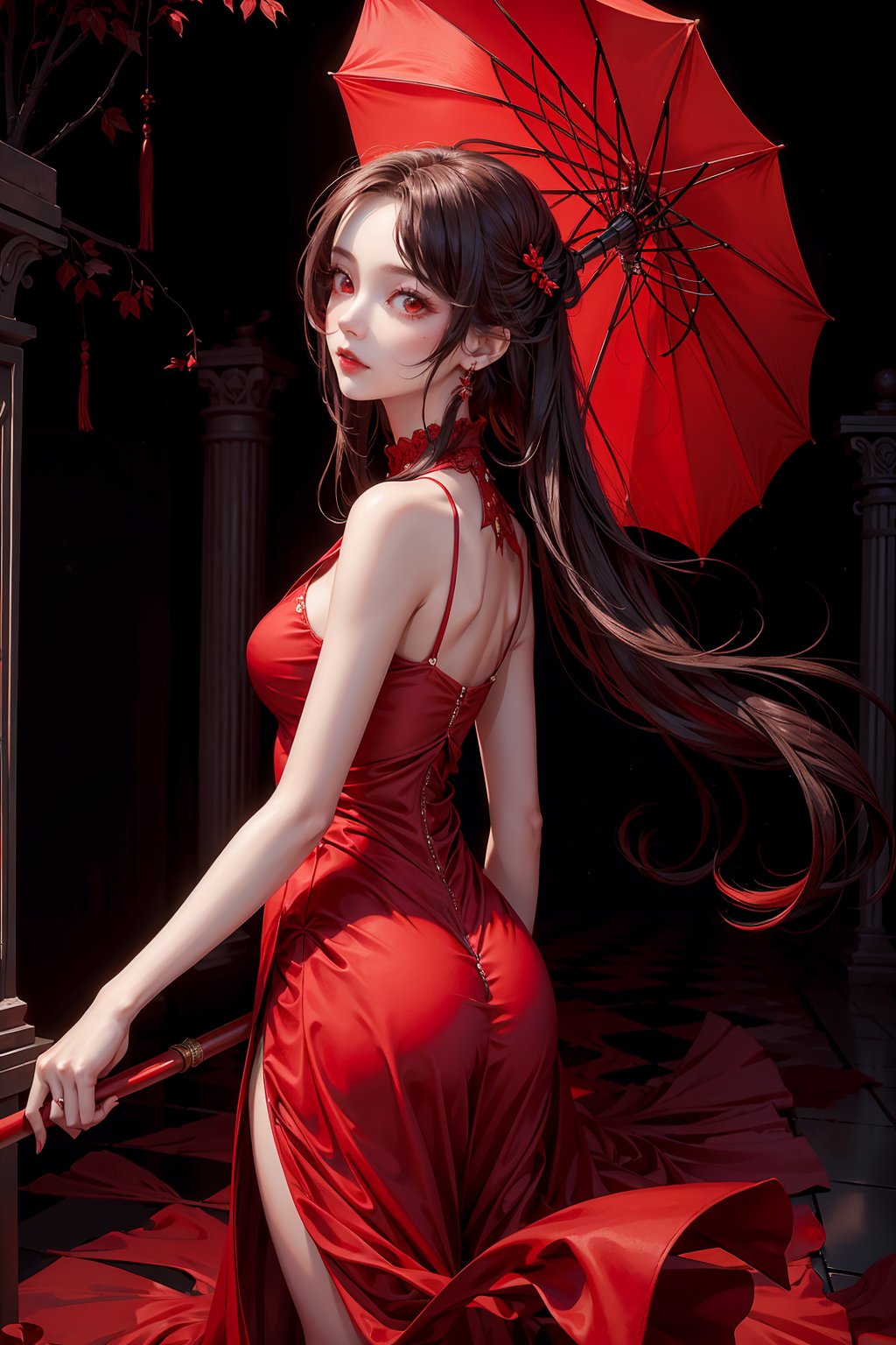 Masterpiece,young stunning girl,high quality,red eyes,red full dress, long floated hair horror feel, taking an red Umbrella, dark corridor in background 