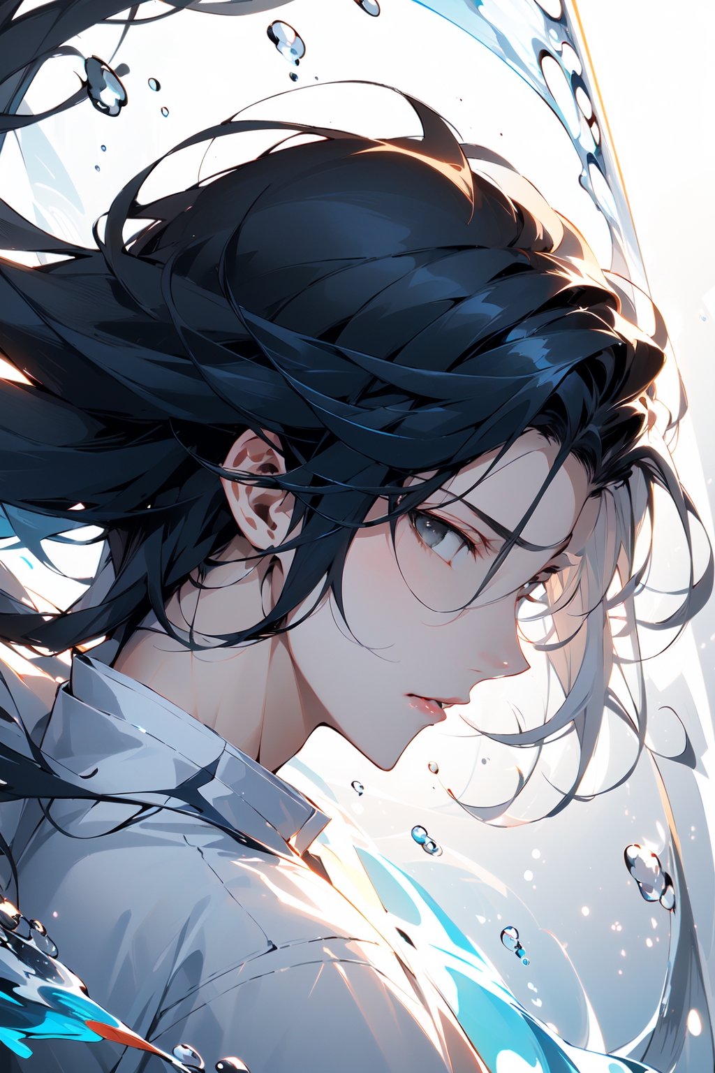 (masterpiece:1.2),best quality,Chinese style,solo,1boy,male focus,long hair,looking at viewer,parted lips,holding,upper body,from side,profile,sword,black hair,white background,water,grey hair,simple background,grey eyes,hair between eyes,long sleeves,