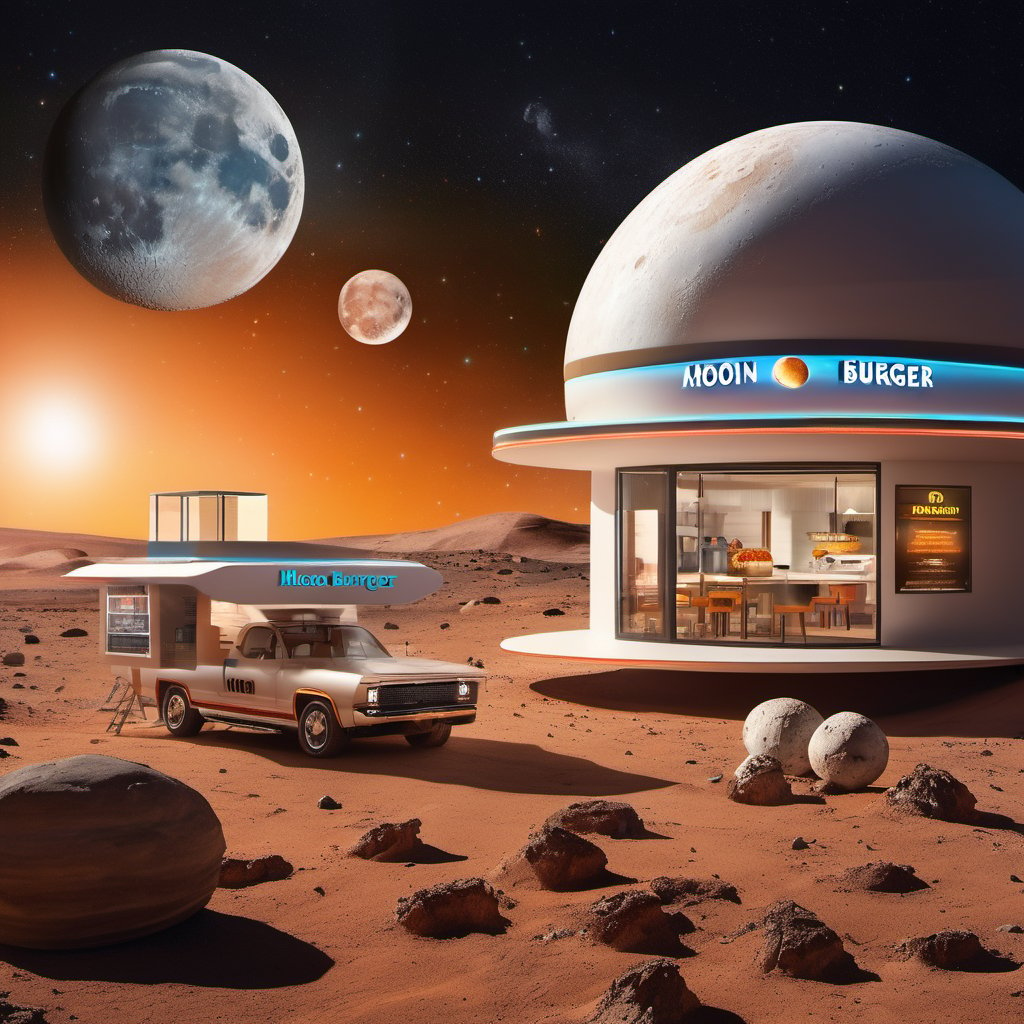 A fast food restaurant on the moon with name “Moon Burger”