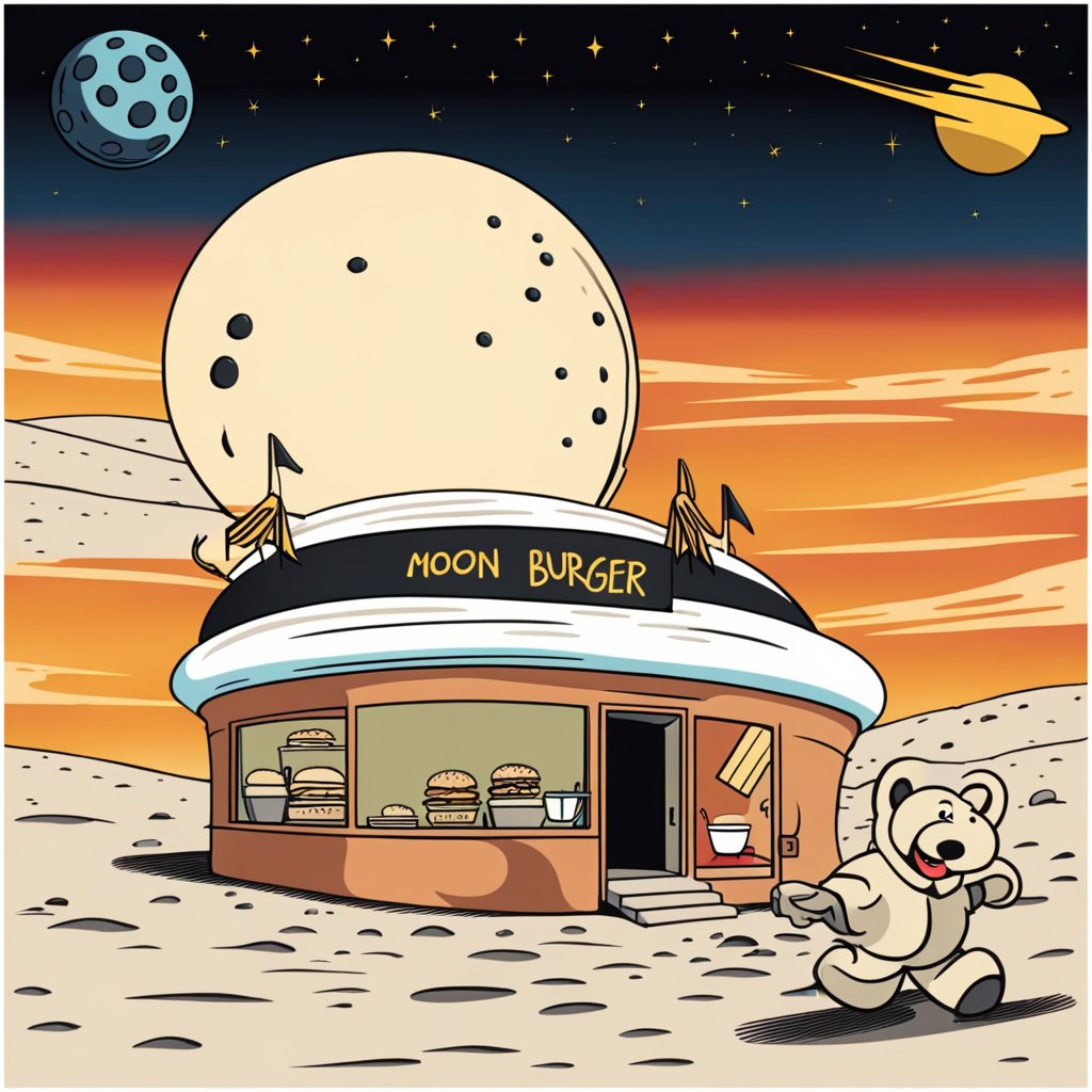 A fast food restaurant on the moon with name “Moon Burger”,well written text