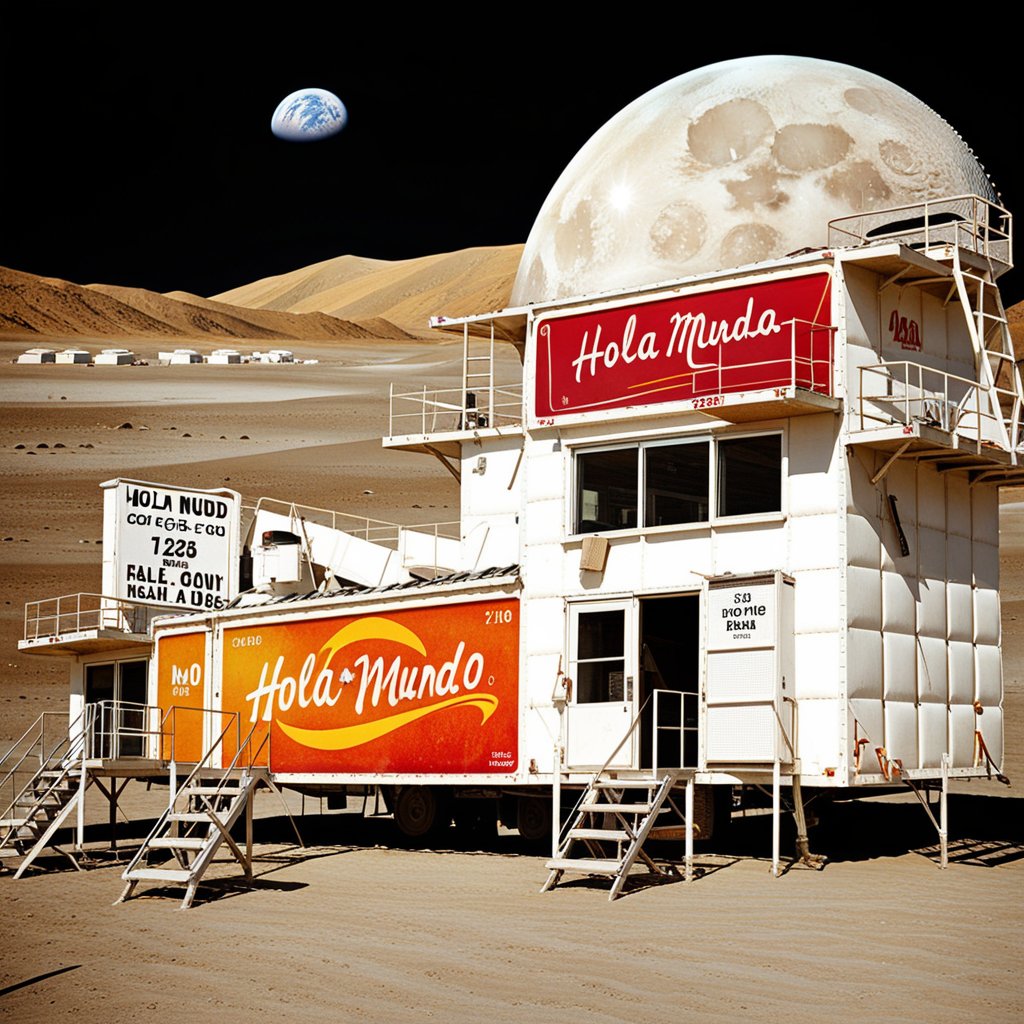 A fast food restaurant on the moon with name “Hola Mundo”