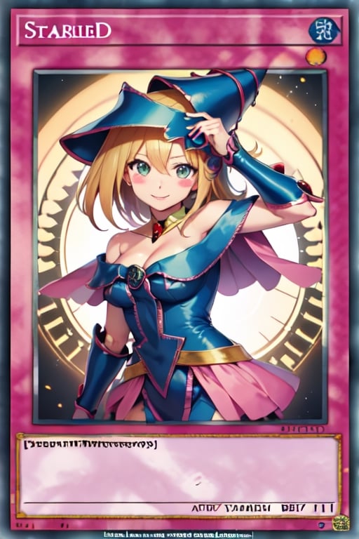 yugioh_card,(anime style),masterpiece, best quality, hmdmg1, wizard hat, blush, blush stickers, cleavage, bare shoulders, dress, off shoulder, command spell, magic, magic circle, magic wand, smile