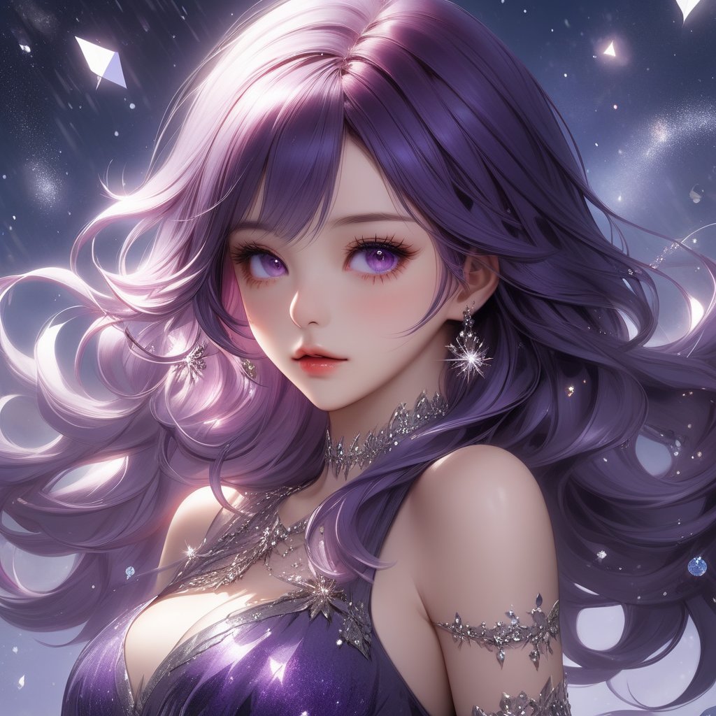 ((masterpiece:1.4)), ((best quality:1.4)), ((ultra_highres)), 8k, 1girl, purple_hair, glitters, super HD, dark, upper_body, ((beautiful_eyes_detailed)), purple dress, ultra_detailed, ((trending on pixiv)), ((anime style)), ((ulzzang-6500)), niji-5