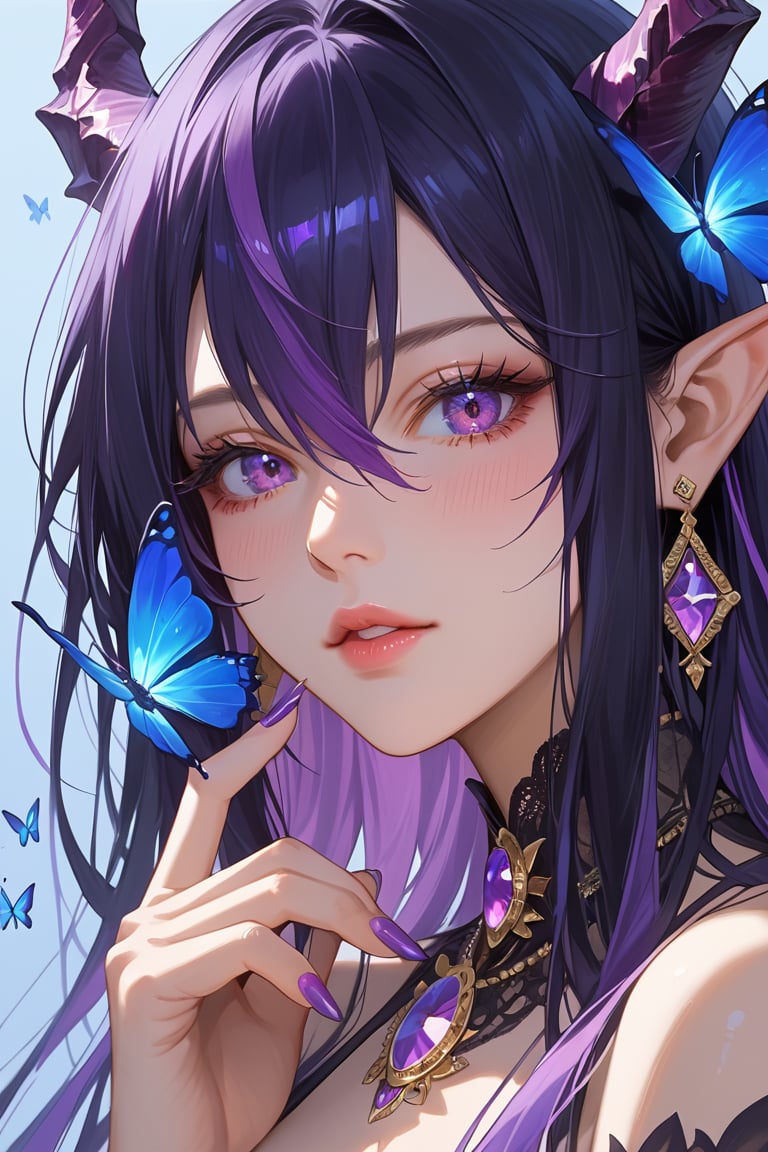 score_9, score_8_up, score_7_up, masterpiece, best quality, absurdres, very aesthetic, source_anime, detailed illustration, 8K UHD, close up, 
1girl, solo, long hair, looking at viewer, blush, bangs, black hair, hair between eyes, bare shoulders, jewelry, purple eyes, upper body, purple hair, multicolored hair, earrings, parted lips, horns, pointy ears, hand up, nail polish, lips, eyelashes, long fingernails, colored inner hair, purple nails, blue butterfly, purple gemstone, blue background