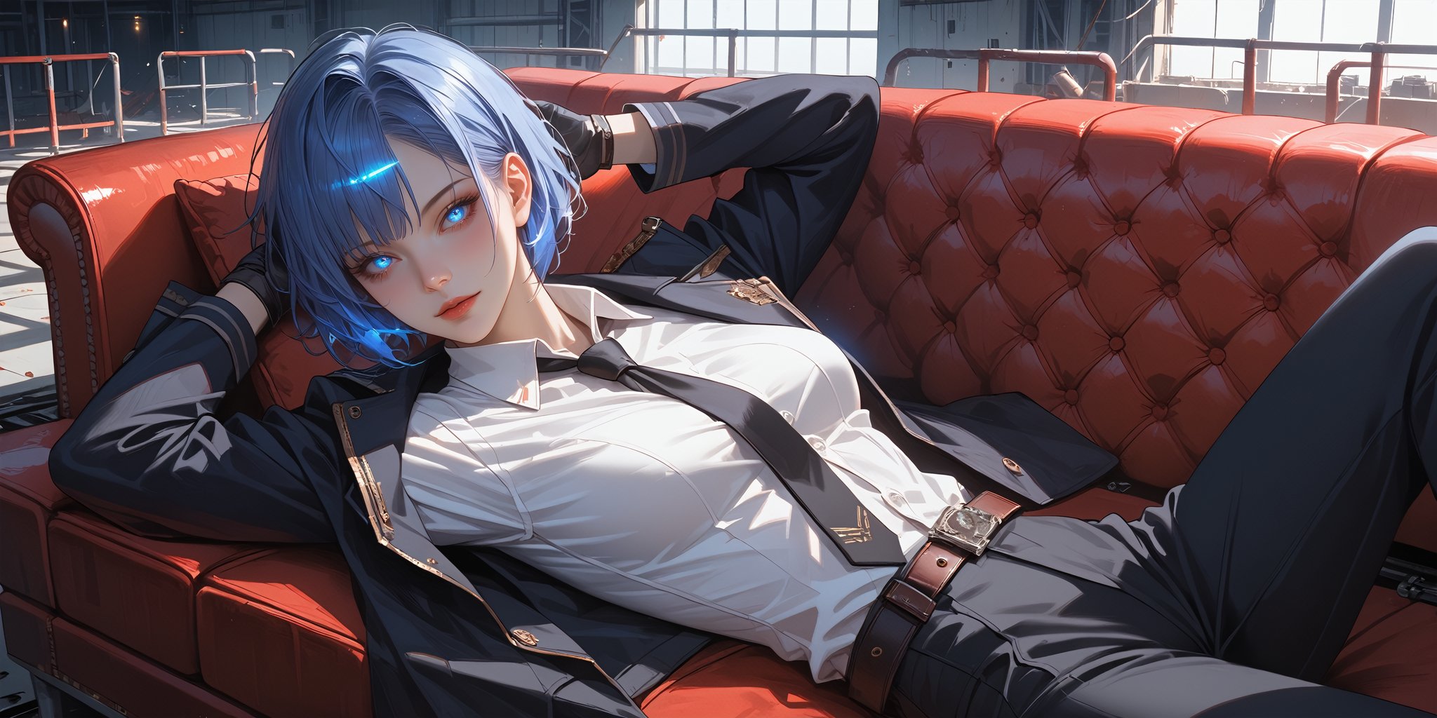 score_9, score_8_up, score_7_up, rating_safe, masterpiece, best quality, absurdres, very aesthetic, source_anime, detailed illustration, 8k UHD,  front view, secret agent, lying on red couch,

1girl, solo, looking at viewer, blue hair, short hair, bob haircut, blue eyes, glowing eyes, white shirt, black jacket, black necktie, black pants, belt, unbuttoned shirt, collared shirt, long sleeve, black gloves, 

long red couch, indoors, abandoned factory, windows, sunlight, chiaroscuro, dust, floor, empty factory, dark factory, hard shadow, minimal lighting, side lit