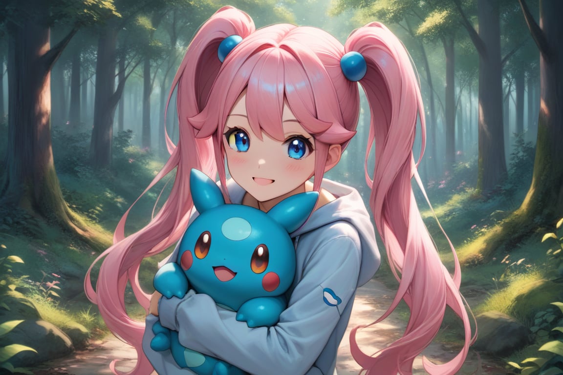 score_9, score_8_up, score_7_up, source_anime, rating_general, masterpiece, best quality, absurdres, very aesthetic, 1girl, solo, long hair, looking at viewer, hoodie, pink hair, bangs, long hair, blue eyes, smile wide, happy, hood down, ((twin ponytails hairstyle)), ((cute small blue pokemon monster, hugging small monster in her arms:1.4)), forest, outdoors, chiaroscuro, overhead lighting, dropped shadow, particle effects,more detail XL