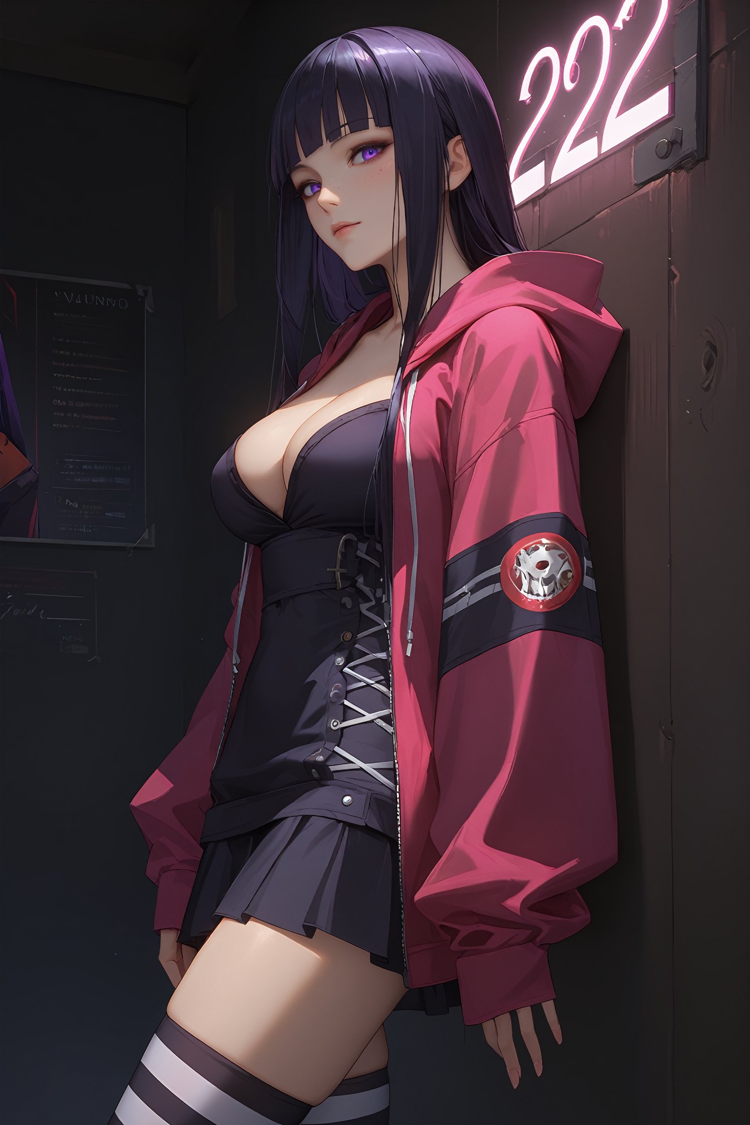 (score_9, score_8_up, score_7_up), source_anime, masterpiece. best quality, absurdres, very aesthetic, side view, portrait shot, face focus,

1girl, 20 year old, long black hair, hime cut, perky breasts, cleavage, pretty face, looking at viewer, purple eyes, light freckles, 

oversized hoodie, black skirt, striped thigh-high socks, gothic boots, ((leaning her back againts wall:1.2)), standing, 
BREAK, 
detailed background, inside, bar, ((dark hidden area, dark background, volumetric lighting)), vivid colours, ((glowing, signboard neon on the wall:1.2))