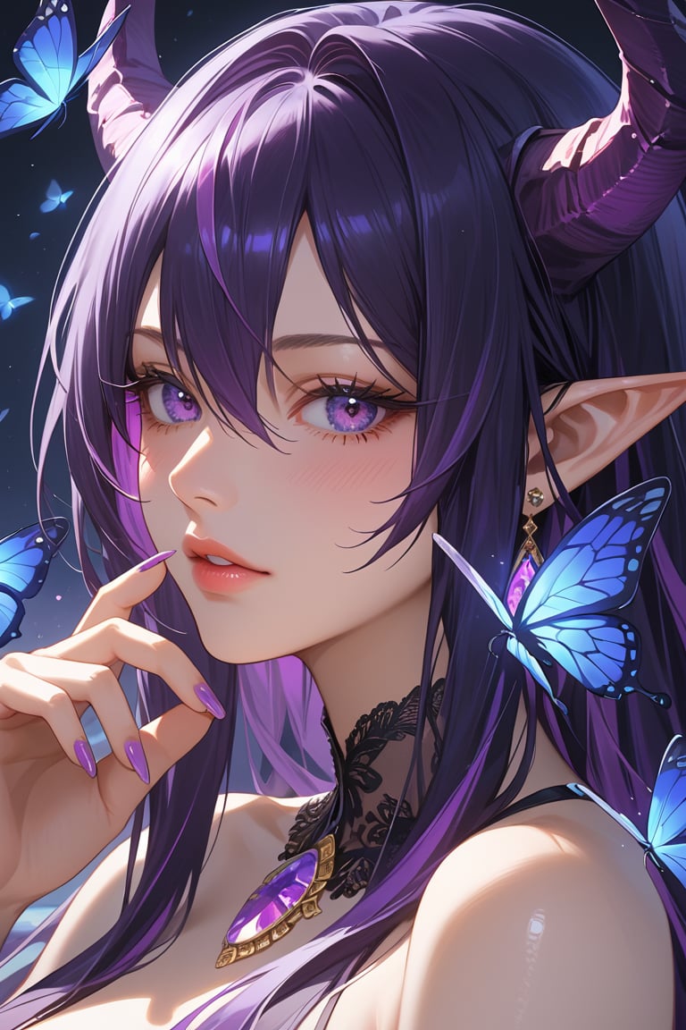 score_9, score_8_up, score_7_up, masterpiece, best quality, absurdres, very aesthetic, source_anime, detailed illustration, 8K UHD, close up, 
1girl, solo, long hair, looking at viewer, blush, bangs, black hair, hair between eyes, bare shoulders, jewelry, purple eyes, upper body, purple hair, multicolored hair, earrings, parted lips, horns, pointy ears, hand up, nail polish, lips, eyelashes, long fingernails, colored inner hair, purple nails, blue butterfly, purple gemstone