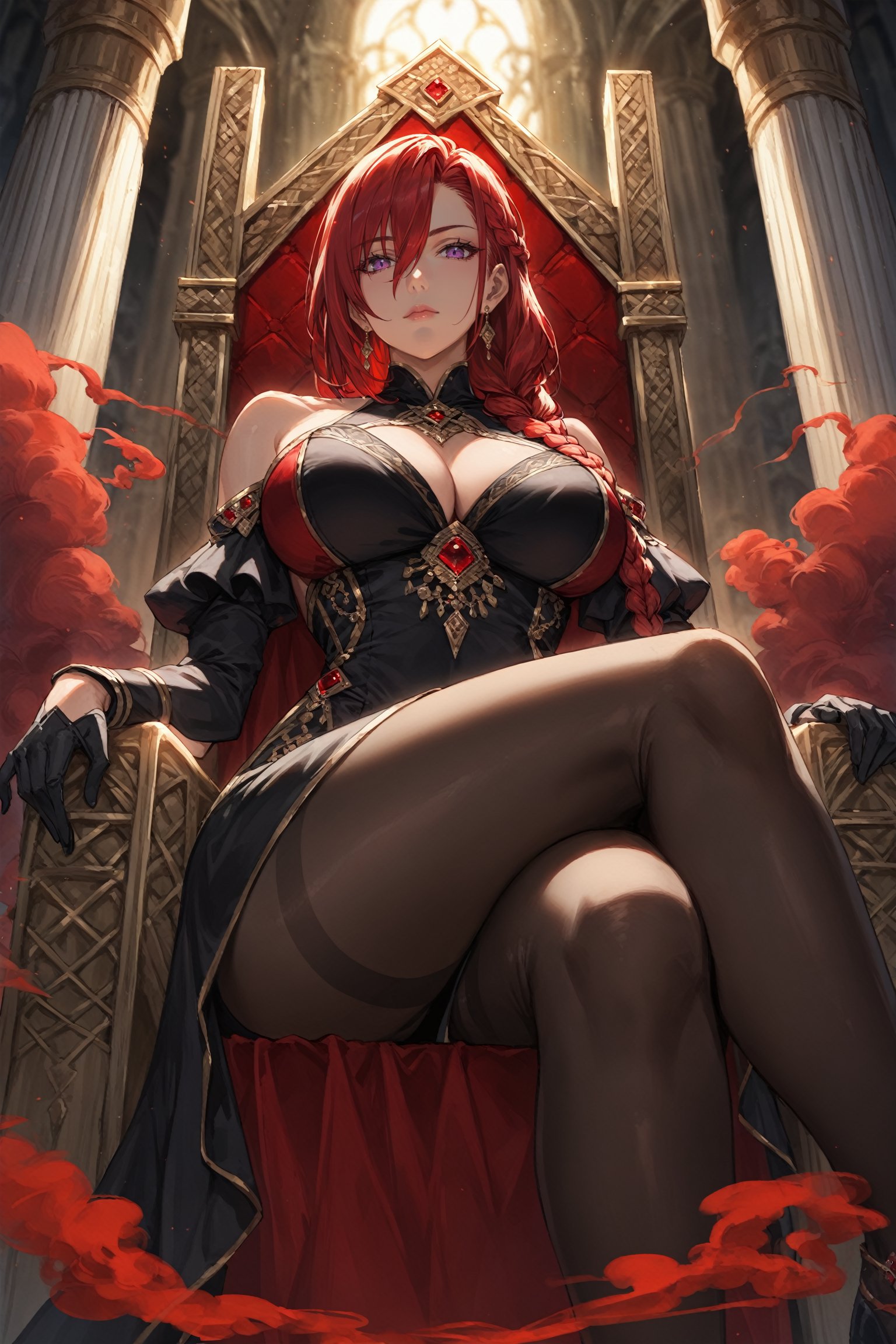 score_9, score_8_up, score_7_up, masterpiece, best quality, absurdres, very aesthetic, source_anime, detailed illustration, 8K UHD, ((from below angle:1.2)), ((the red queen)), 1girl, solo, looking at viewer, red hair, long hair, single braided hair, hair over shoulder, hair between eyes, purple eyes, big breasts, closed mouth, emotionless, bare shoulder, black dress, intricate dress, red jewelry, royal dress, side cut dress, ((black pantyhose)), sitting on throne, crossed legs, black arms sleeve, cleavage cutout, ((black gloves)), throne, dark background, overhead lighting, fantasy themed, depth of field, ((red smoke swirls around her:1.4))