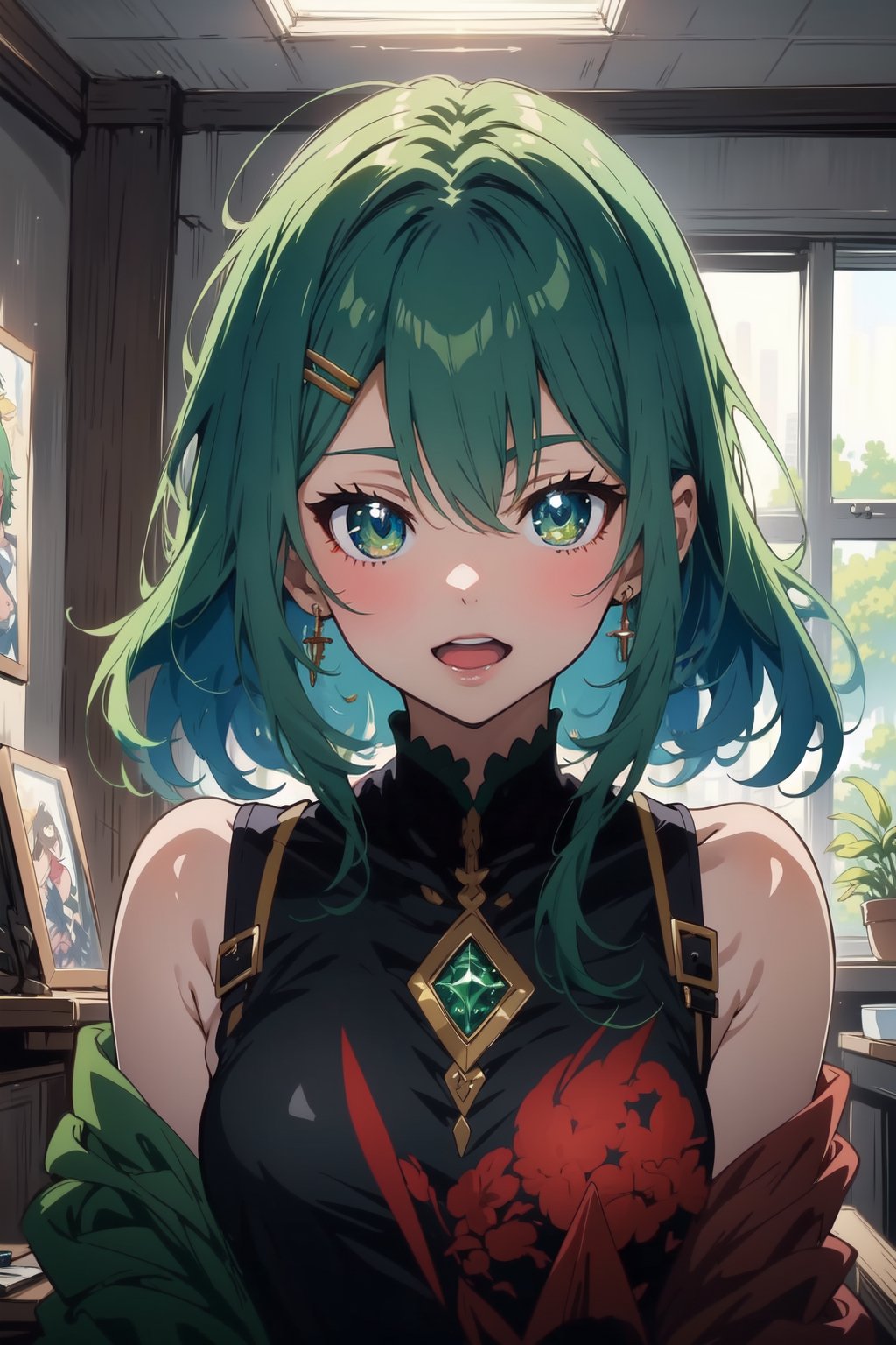 1girl, ((green hair, green eyes)), open mouth, smile, looking at viewer, upper_body, fantasy, aesthetic, (masterpiece, best quality, highres), trending on pixiv, solo, ((anime_screencap)), perfect anime anatomy, ,ARYSTYLE3,midjourney,1 girl