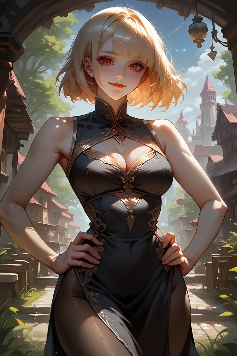 score_9, score_8_up, score_7_up, 8k UHD, detailed face, illustration, perfect illustration, very aesthetic, front view, particle effects, bokeh, cowboy shot, 1girl, solo, looking at viewer, blond hair, bob haircut, short hair, bangs, hime_cut, red eyes, shiny_eyes, voluptuous, curvy hip, medium breasts, red lips, pantyhose, ((black dress, side slit)), intricate dress, gold lining on dress, cleavage cutout, sleeveless, hands on own hips, slight smile, happy, blush, closed mouth, outdoors, near forest, medieval city, grass, blue sky, sunlight,Expressiveh