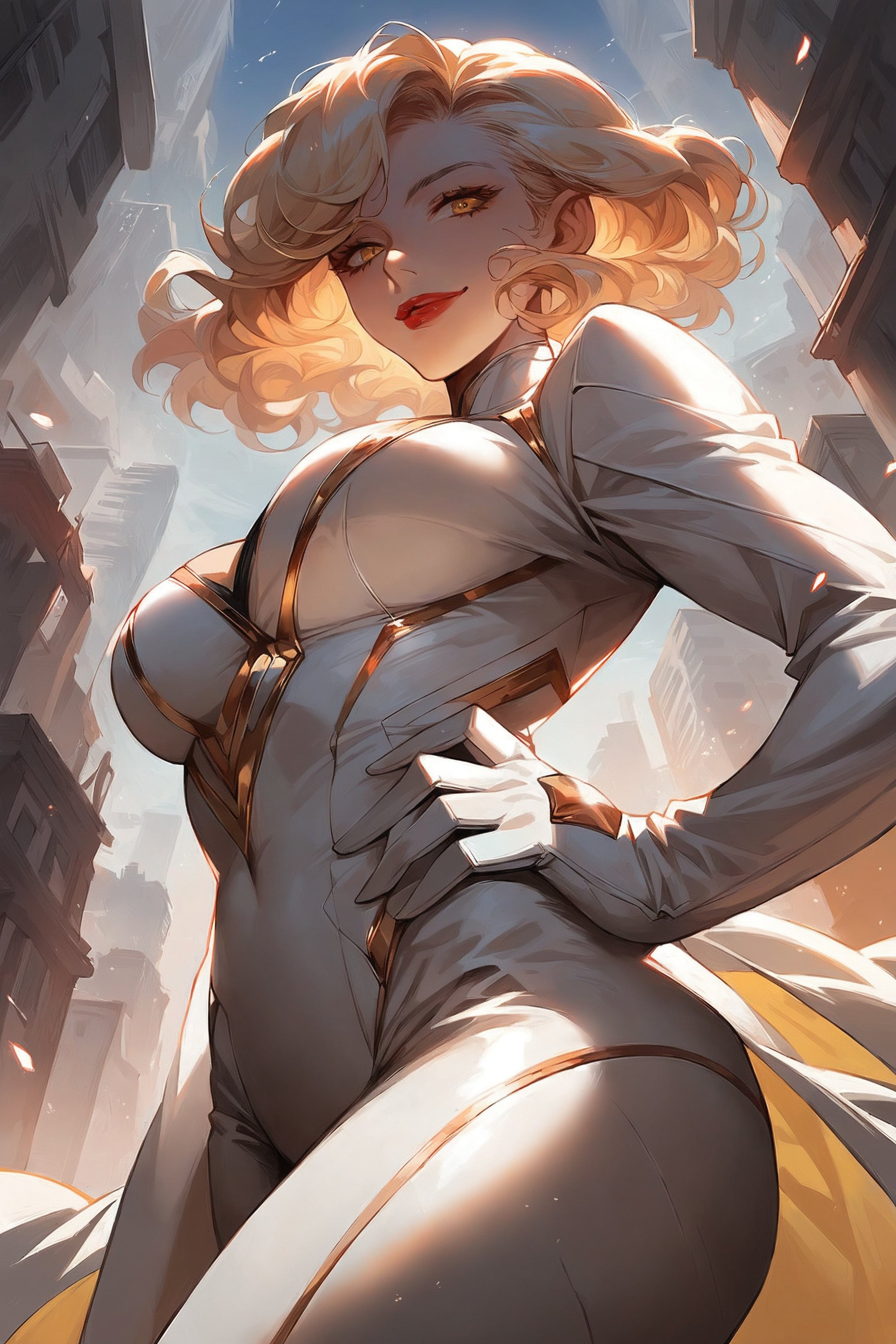 score_9, score_8_up, score_7_up, source_anime, 1girl, solo, looking at viewer, blond hair, yellow eyes, red lips, bob haircut, short hair, large breasts, side view and below angle, looking down, slight smile, flowing hair, windy, ((superhero white suit, golden design on the suit, tight suit:1.4)), cleavage cutout, hands on hip, curvy body, daylight, city, street, blue sky, soft lighting, diffused lighting, particle effects, ((detailed background:1.2)),Expressiveh