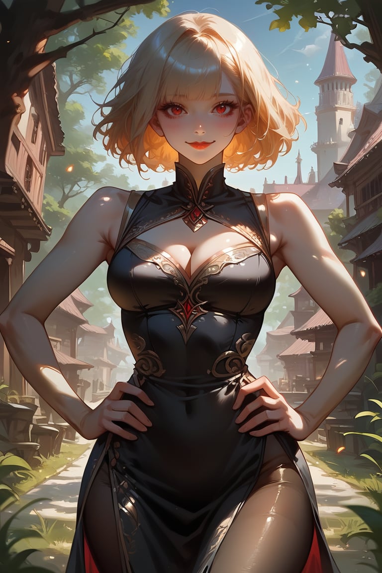 score_9, score_8_up, score_7_up, 8k UHD, detailed face, illustration, perfect illustration, very aesthetic, front view, particle effects, bokeh, cowboy shot, 1girl, solo, looking at viewer, blond hair, bob haircut, short hair, bangs, hime_cut, red eyes, shiny_eyes, voluptuous, curvy hip, medium breasts, red lips, pantyhose, ((black dress, side slit)), intricate dress, gold lining on dress, cleavage cutout, sleeveless, hands on own hips, slight smile, happy, blush, closed mouth, outdoors, near forest, medieval city, grass, blue sky, sunlight,Expressiveh