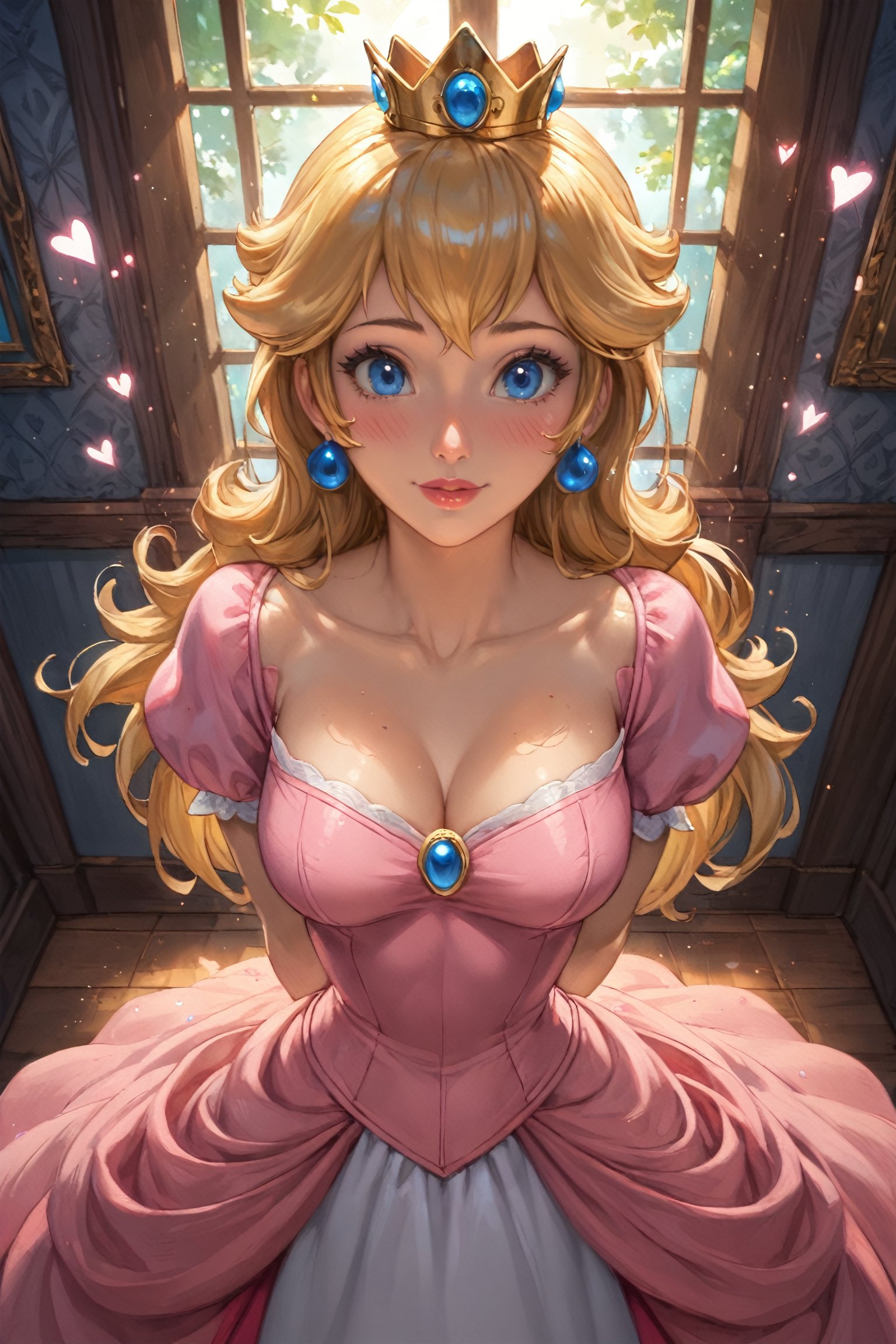 score_9, score_8_up, score_7_up, rating_safe, disney artstyle, masterpiece, best quality, absurdres, very aesthetic, detailed illustration, 8K UHD, Princess Peach,more detail XL, male pov, cowboy shot, from above,

1girl. solo. looking at viewer, hands behind own back, standing, blush hard, eyebrow up, mature woman, chiaroscuro, indoors, windows, intricate background, ((particle effects:1.2)), sunlight,