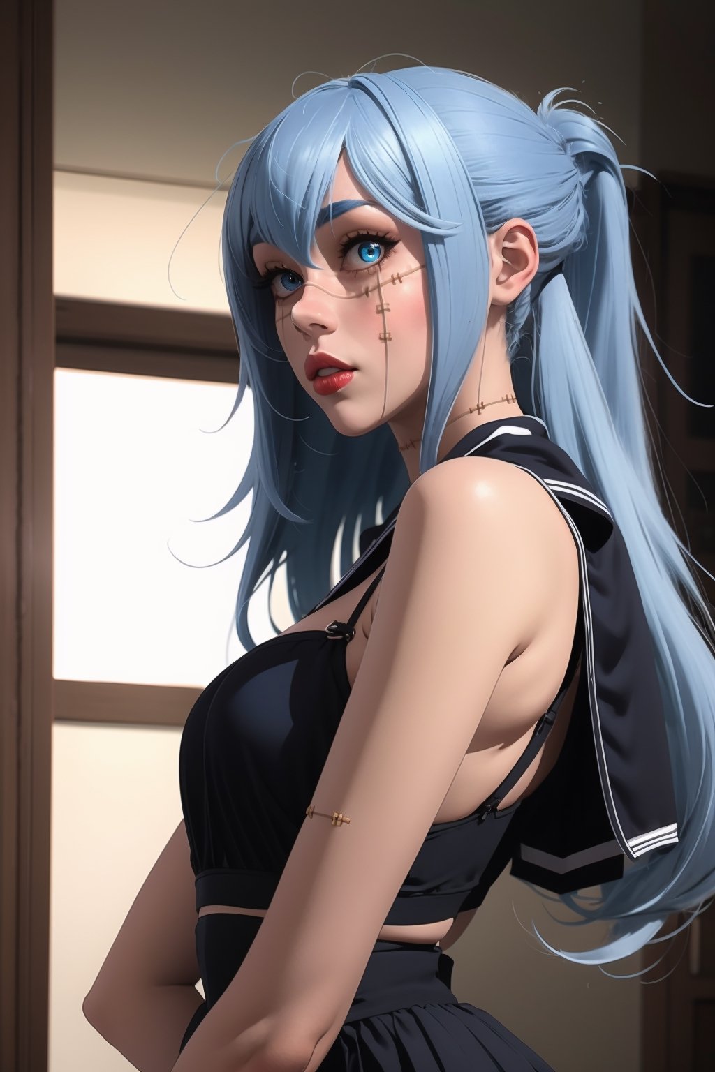 LIGHT BLUE HAIR, LONG HAIR, STITCHES, STITCHED BODY, SCHOOLGIRL UNIFORM, HETEROCHROMIA, Female version of Mahito, full-body_portrait, 