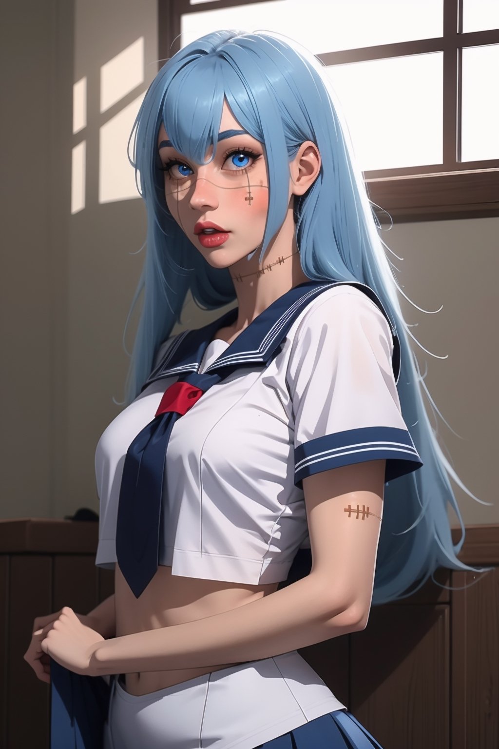 LIGHT BLUE HAIR, LONG HAIR, STITCHES, STITCHED BODY, SCHOOLGIRL UNIFORM, HETEROCHROMIA, Female version of ,Mahito