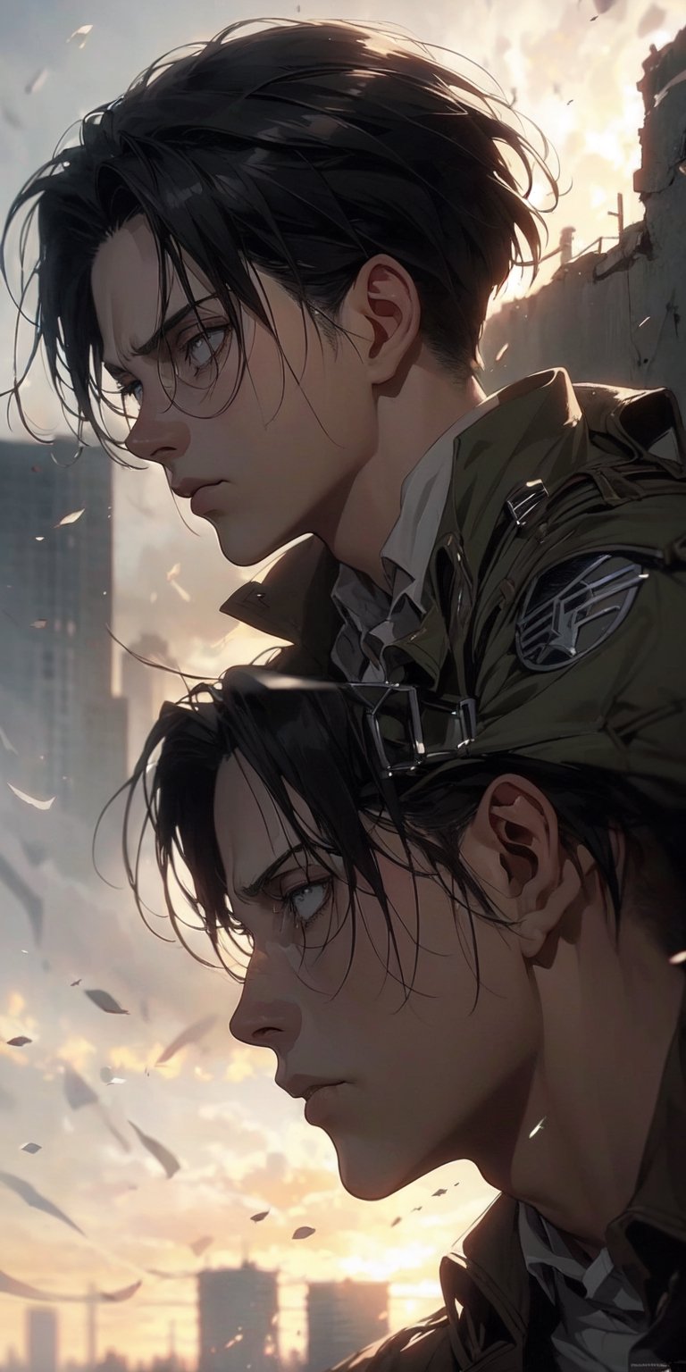 ((face, portrait)), melancholic, extremely detailed, perfect composition, masterpiece 8k wallpapper,1male,Levi Ackerman, attack on titan uniform 