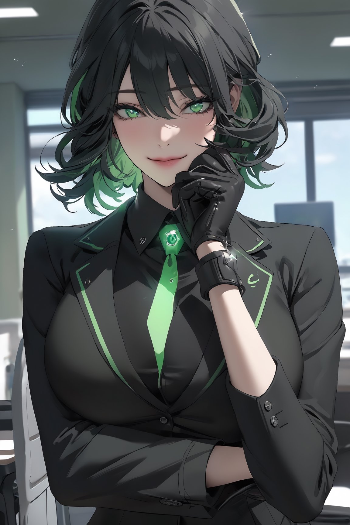masterpiece, best quality, highres, anime_screencap, cinematic, solo, looking at viewer, smile, short hair, bangs, shirt, black hair, gloves, long sleeves, ((cowboy shot)), 1girl, hair between eyes,  closed mouth, ((glowing green eyes)), jacket, upper body, big breasts, green hair, necktie, black gloves, collared shirt, black jacket, black shirt, ((office background)), glint,more detail XL,Reality Quest style,niji5