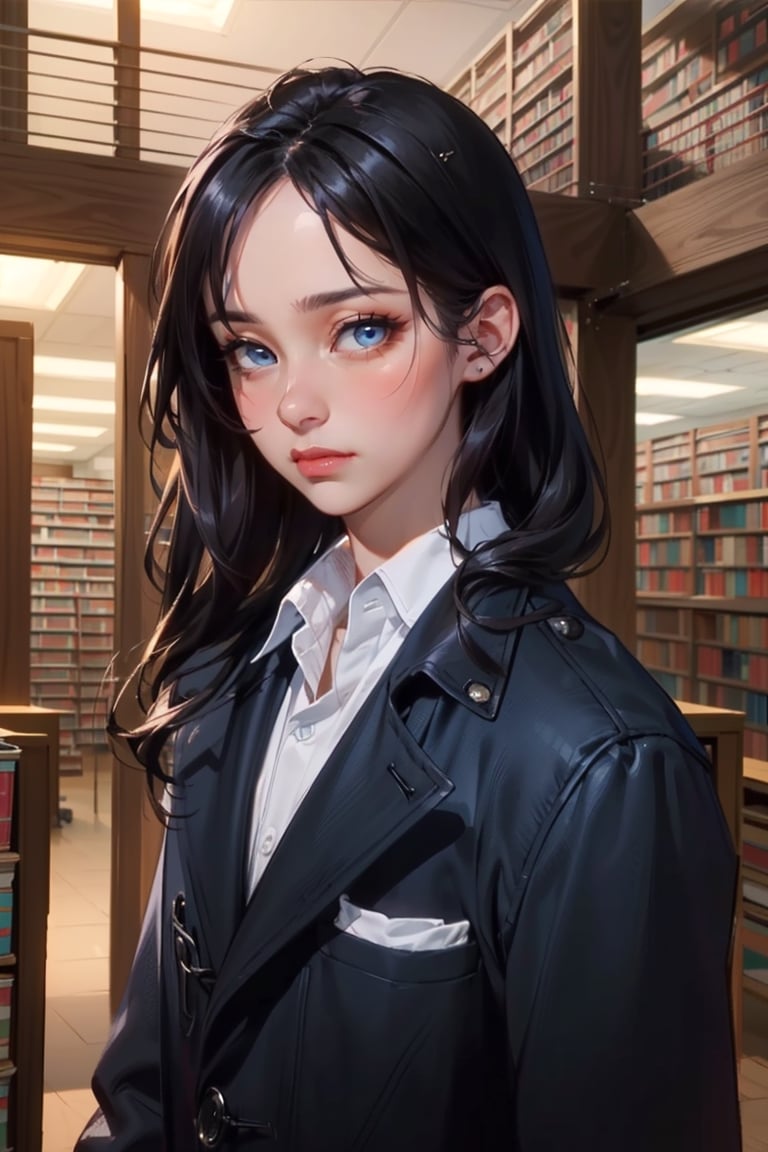 ((masterpiece)), ((best qualit)}, (ultra-detailed), ((extremely detailed)), 4K, (8K), best quality, a handsome boy, look at the viewer, (beautiful), library, fluttering hair, long_eyelashes, cold expression, wearing office shirt suit, black hair, (beautiful eyes),  Dark blue short coat,1guy,