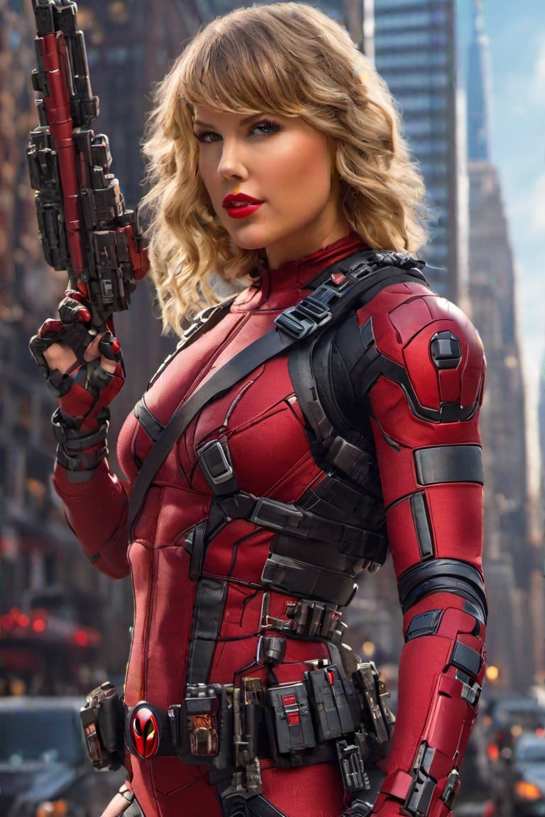 ultra-detailed,  Taylor Swift as Deadpool,  marvel,  Taylor Swift,  Full body,  standing,  holding guns in hands,  futuristic cyberpunk new york streets in background,  wearing Deadpool suit,  beautiful,  cute,  ultra realistic face,  intricate facial details,  dangerous,  violent,  (extremely intricate:1.3),  (realistic),  ,  dynamic pose,  vibrant,  cyberpunk,  hyperrealistic,  futuristic,  perfect anatomy,  centered,  freedom,  approach to perfection,  4k,  global illumination,  detailed and intricate environment,  volumetric lighting,  cinematic,