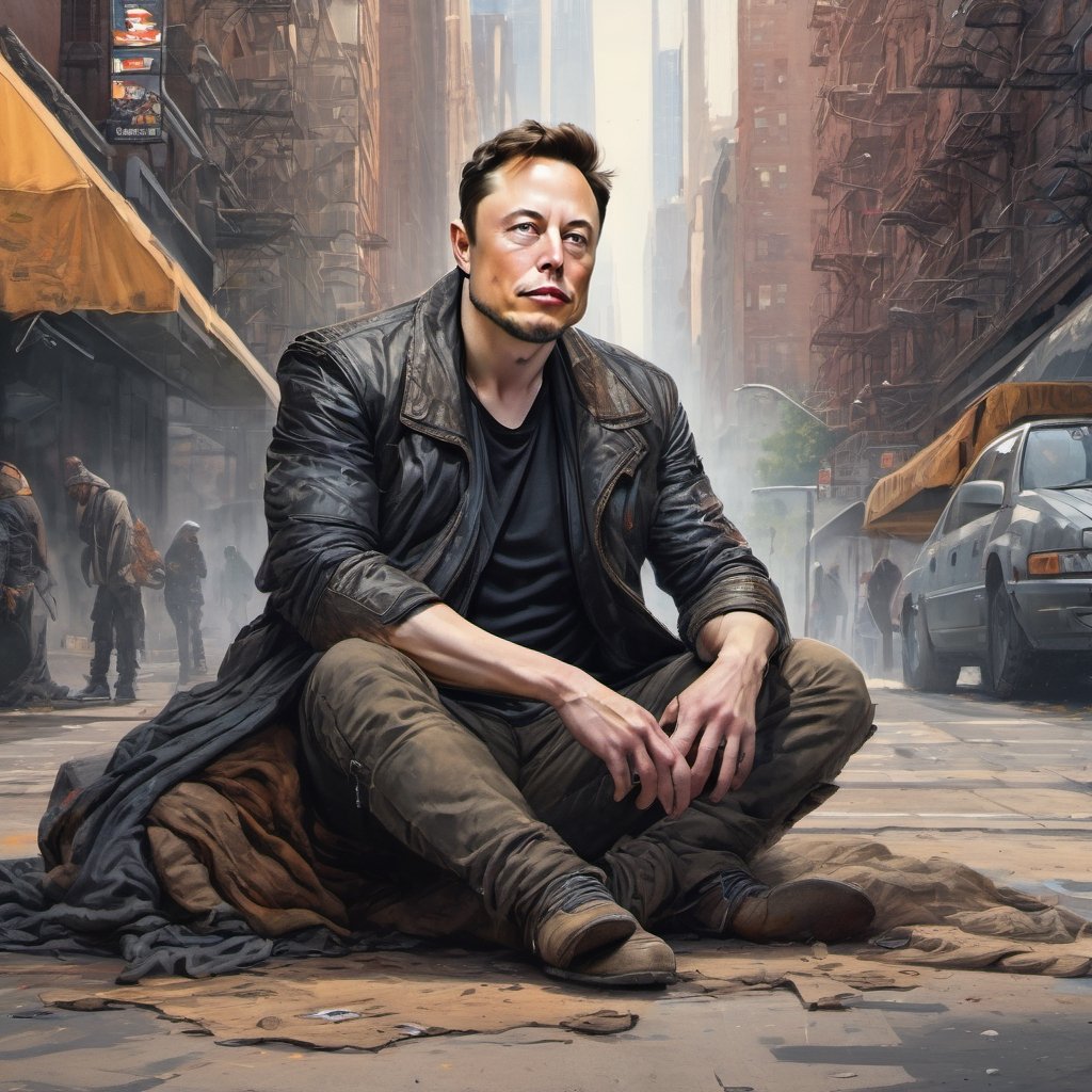 ultra-detailed, Elon musk as a homeless person, sad face, disappointed, torn clothes, dirt on body, sitting on sidewalk, new york streets in background, ultra realistic face, intricate facial details, pores, hairs, dangerous, angry, violent, agressive, (extremely intricate:1.3), (realistic), high-quality cell-shaded illustrations, dynamic pose, high contrast, vibrant, cyberpunk, hyperrealistic, futuristic, perfect anatomy, centered, freedom, soul, approach to perfection, cell shading, 4k, cinematic dramatic atmosphere, watercolor painting, global illumination, detailed and intricate environment, art station, concept art, fluid and sharp focus, volumetric lighting, cinematic